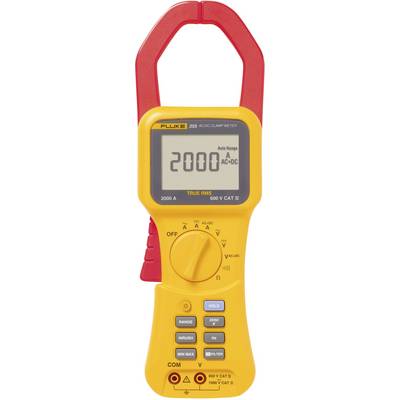 Digital measuring device with a yellow casing and red handle, displaying '2000' on the screen. Functions for current and voltage measurement.