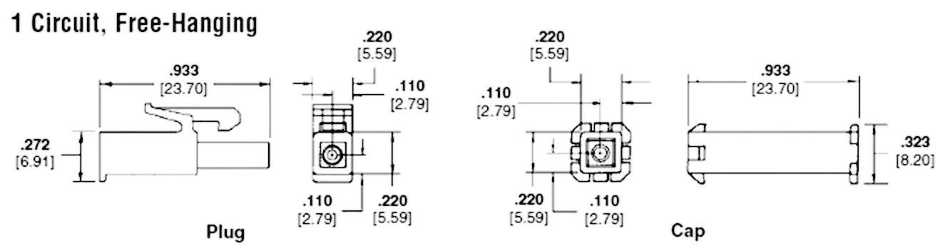 Drawing of a single-circle connector with dimensions in inches and millimetres; shows plug and cap views with detailed measurements.