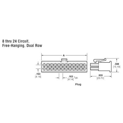Connector Diagram: 8 to 24-pole Dual-Row Connector, Freely Suspended, with Dimensional Specifications in Inches.
