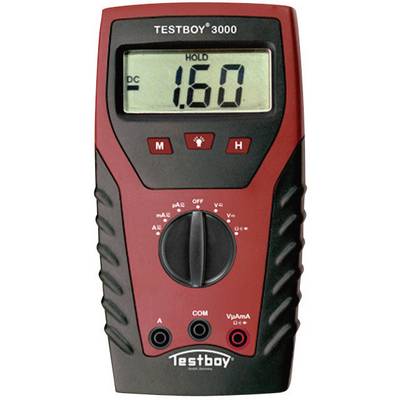 Digital multimeter 'Testboy 3000' with a red casing, displaying 1.60 DC on the screen, with a rotary switch in the centre for various functions.