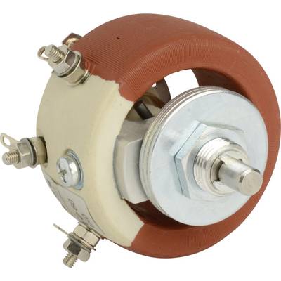 Round electrical resistor with a rust-brown casing, multiple connection terminals and a central rotating control knob on a metal shaft.