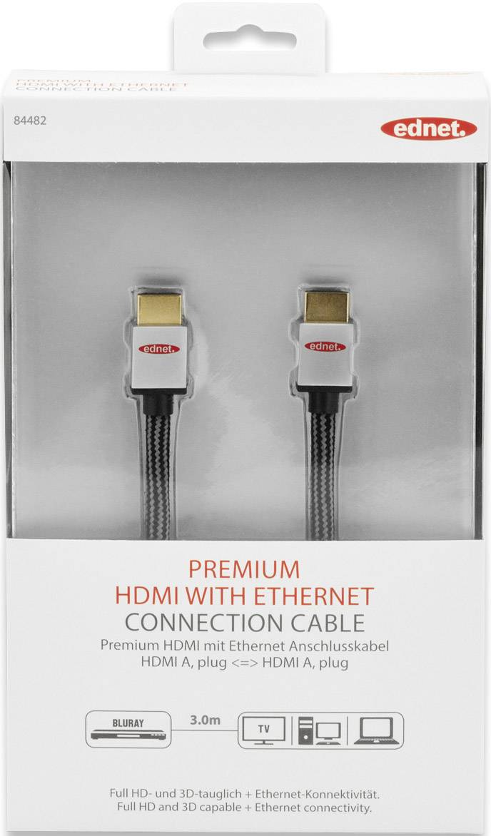 ednet HDMI Cable HDMI-A plug, HDMI-A plug 3.00 m Black, Silver 84482 Audio Return Channel, gold plated connectors, with -1