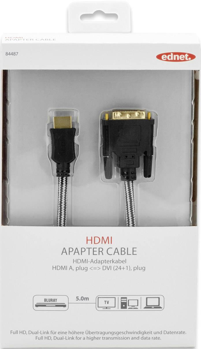 ednet HDMI / DVI Adapter cable HDMI-A plug, DVI-D 24+1-pin plug 5.00 m Black 84487 gold plated connectors HDMI cable-1