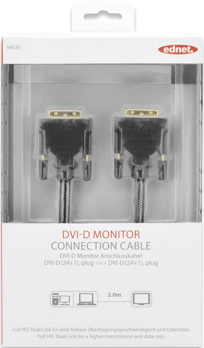 ednet DVI Cable DVI-D 24+1-pin plug, DVI-D 24+1-pin plug 2.00 m Black 84520 screwable, gold plated connectors DVI cable-1