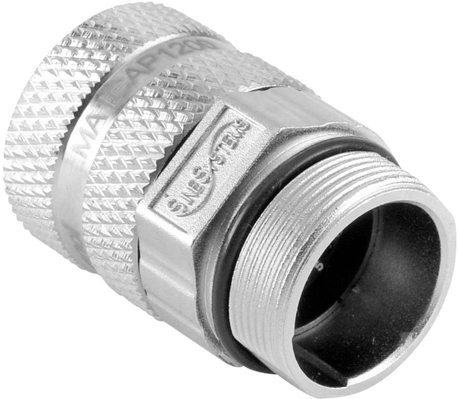 Metal pipe connection fitting, cylindrical shape, knurled surface for improved grip, marked with 'SMS'.