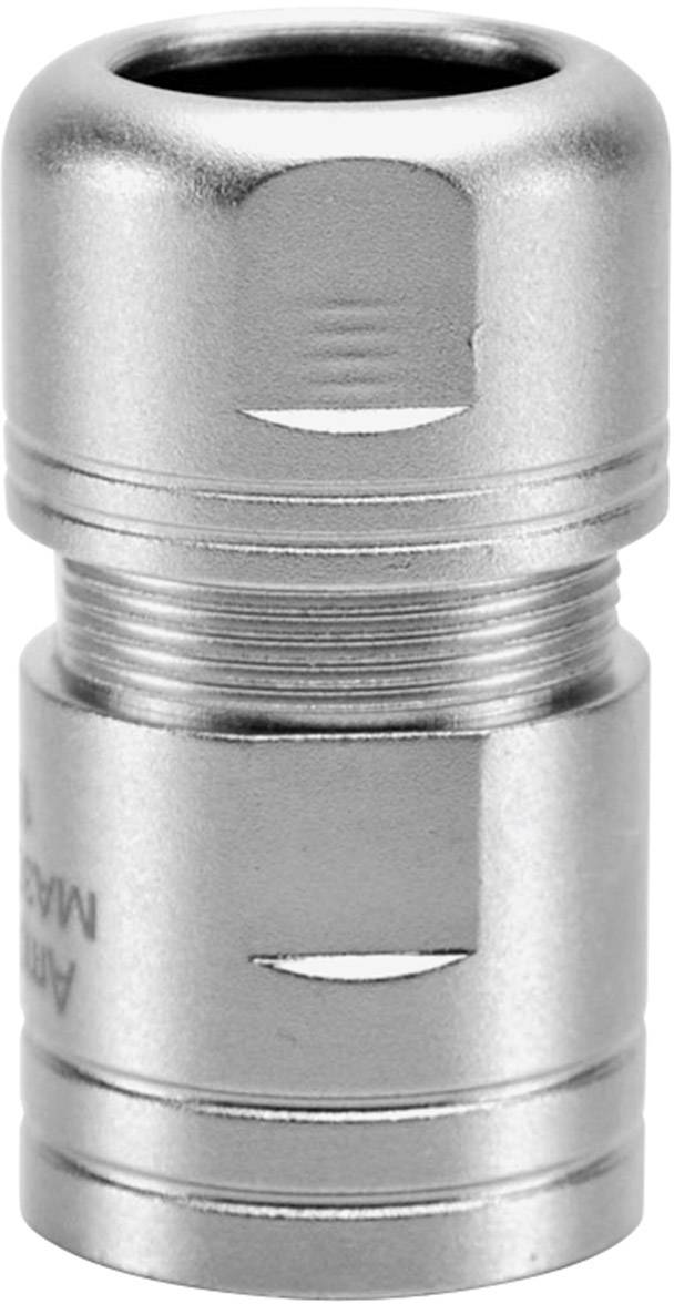 Metal connecting element in cylindrical form, with threads and grooves for enhanced durability and fastening.