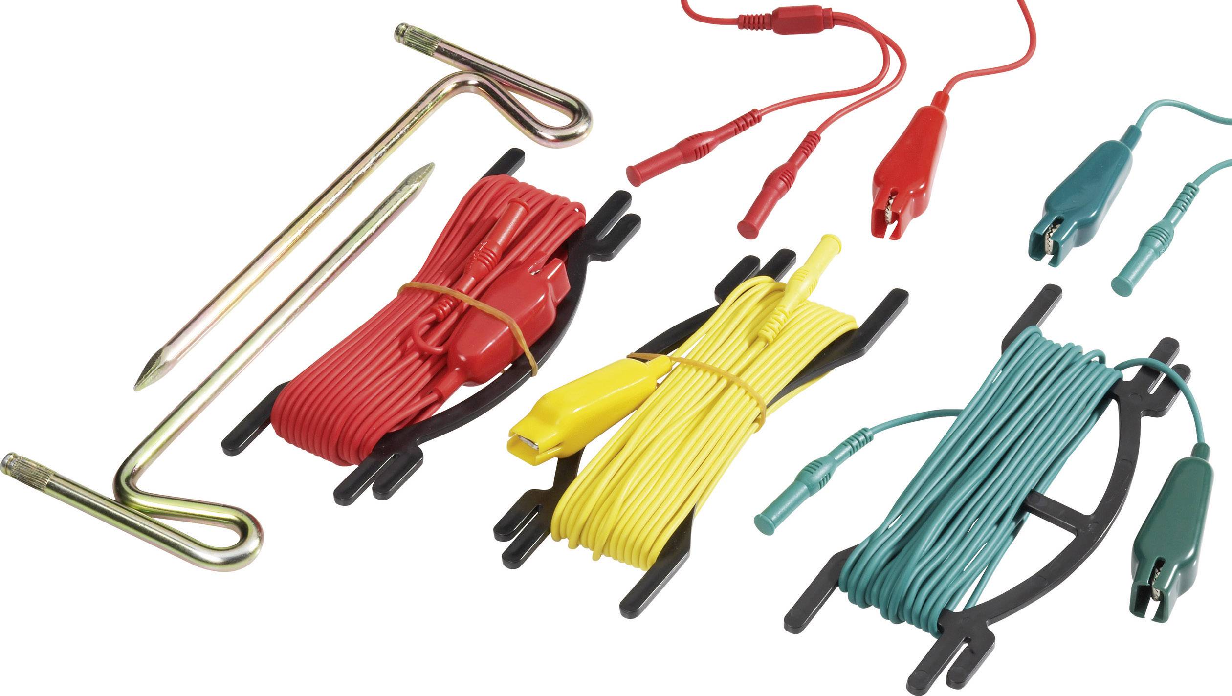 Various coloured cables with crocodile clips, organised on reels, alongside ground pegs for securing wire fences.