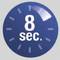 Blue circle with the inscription '8 sec.' and graphic time markers.