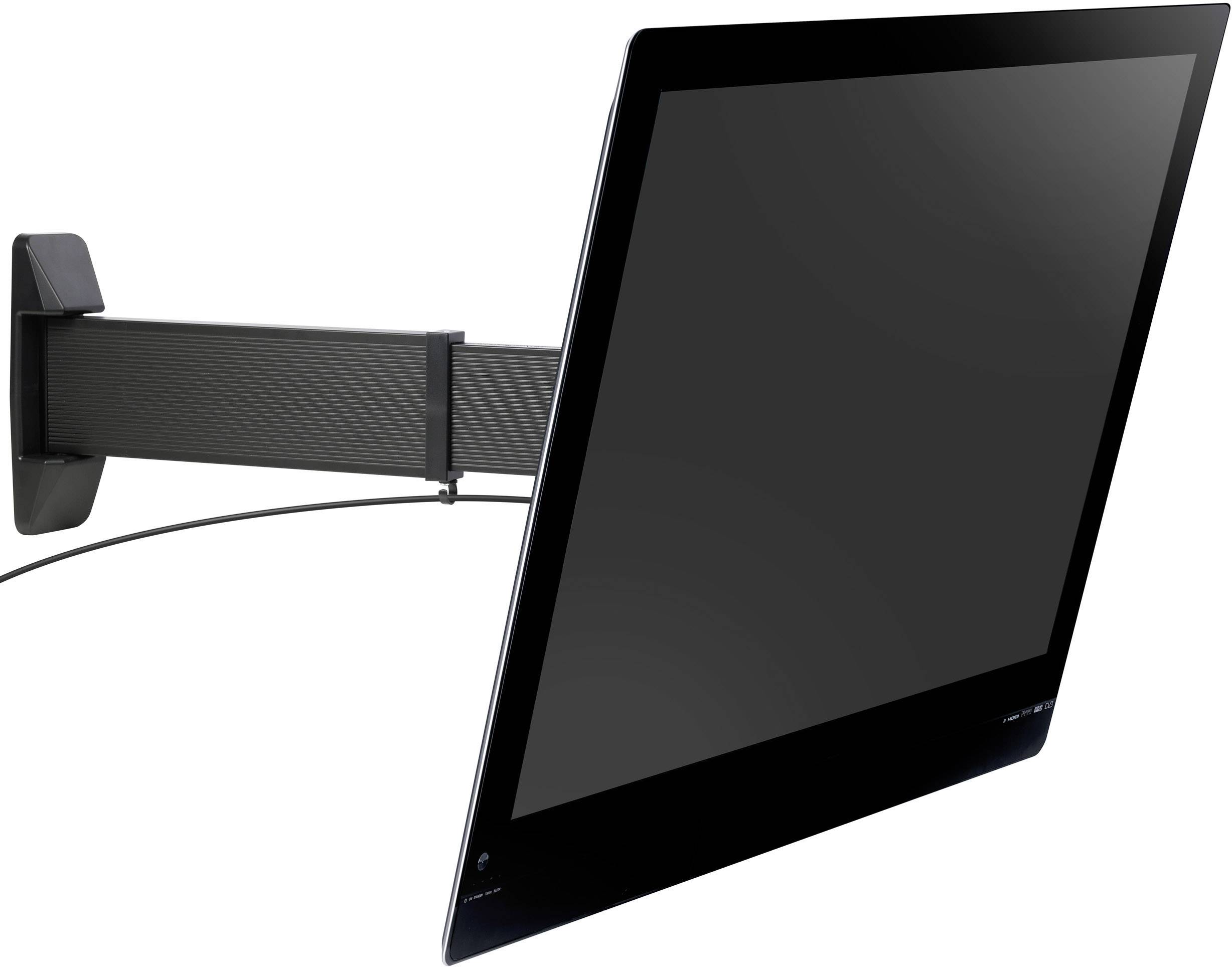 A flat-screen monitor is mounted on a pivoting arm on the wall. The screen is black and slightly tilted to the left.