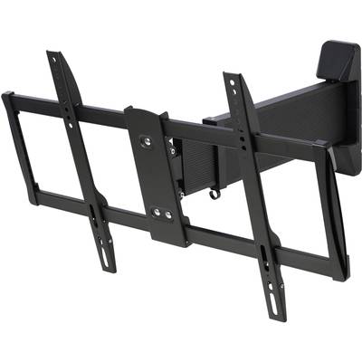 Wall mount for television, tiltable and swivelling. Robust, black frame with multiple mounting points and articulated arm.