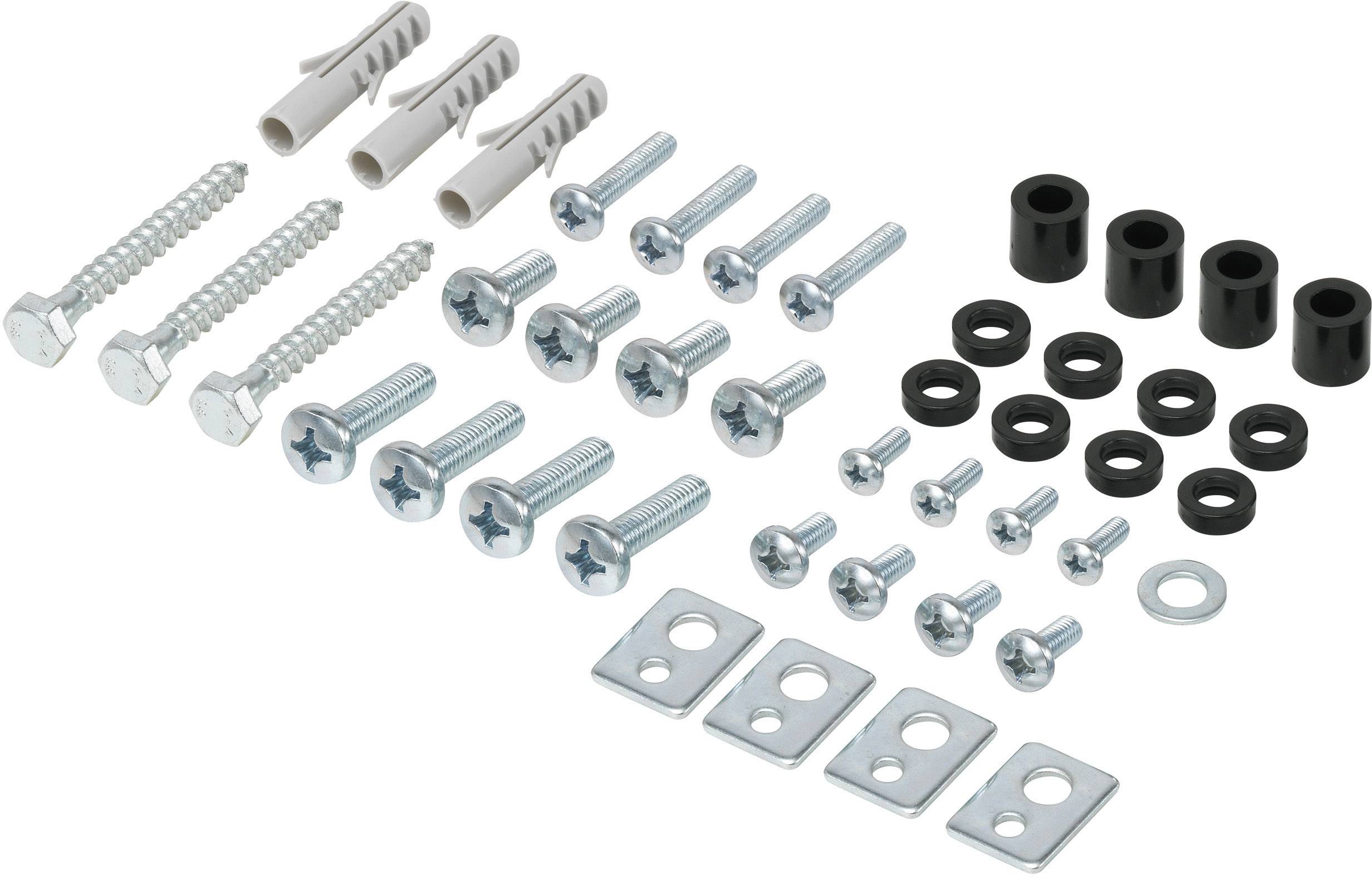 Mounting set with screws, wall plugs, nuts and washers in various sizes on a white background, ready for installation.