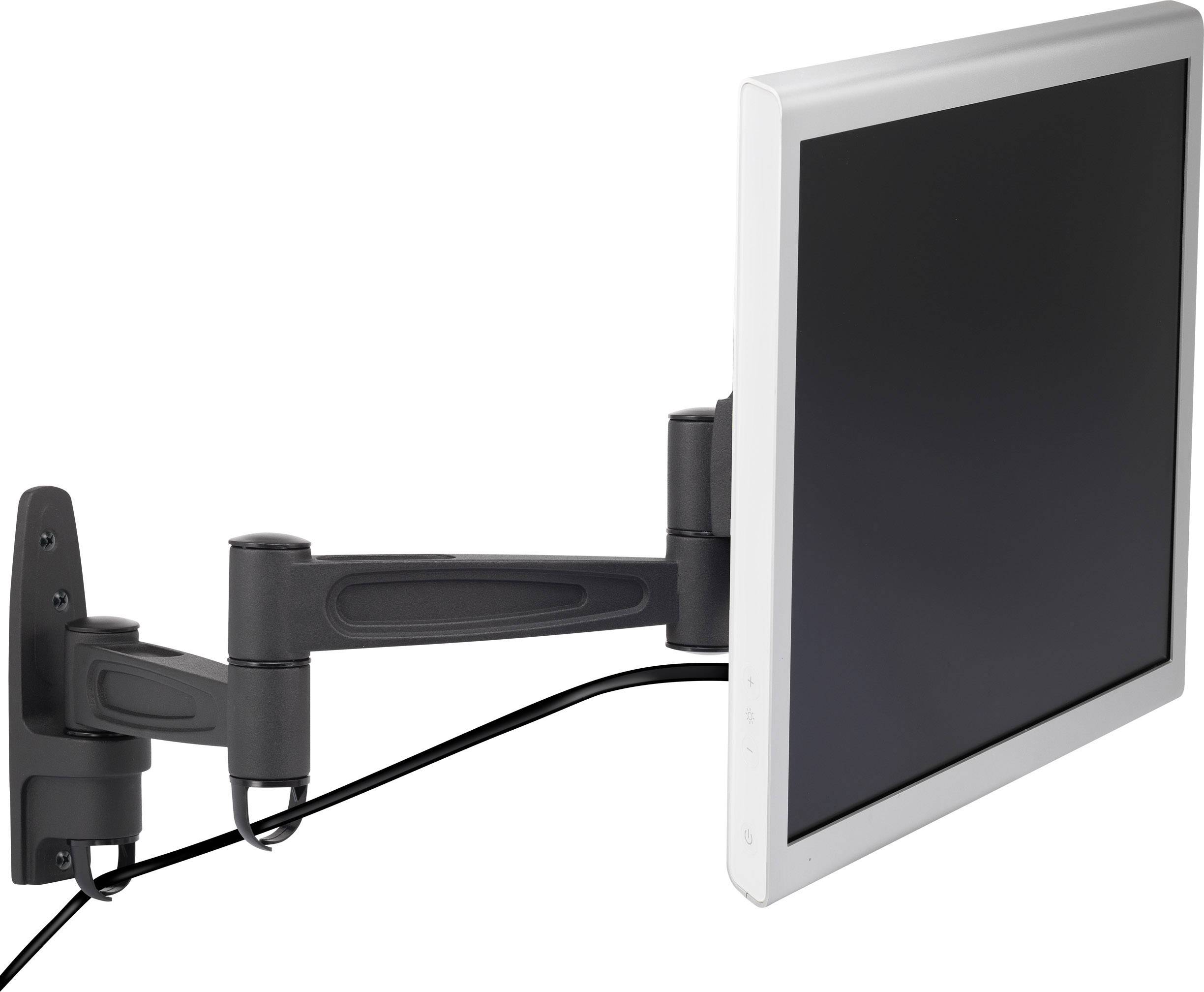 A flat screen is mounted on an adjustable wall arm with cable management clips. The screen is switched off.