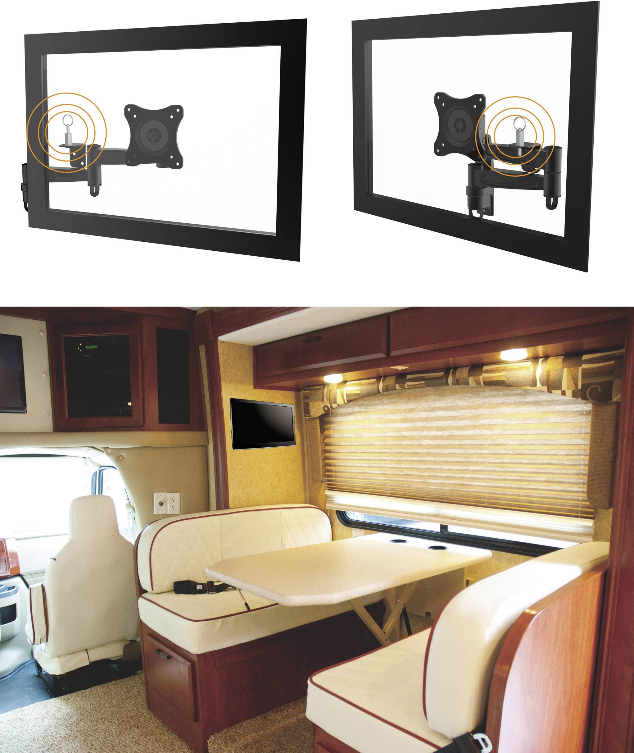 'Two images of a television wall mounting system.' Top: Close-up of the mount at various angles. Bottom: Caravan interior with mounted television.