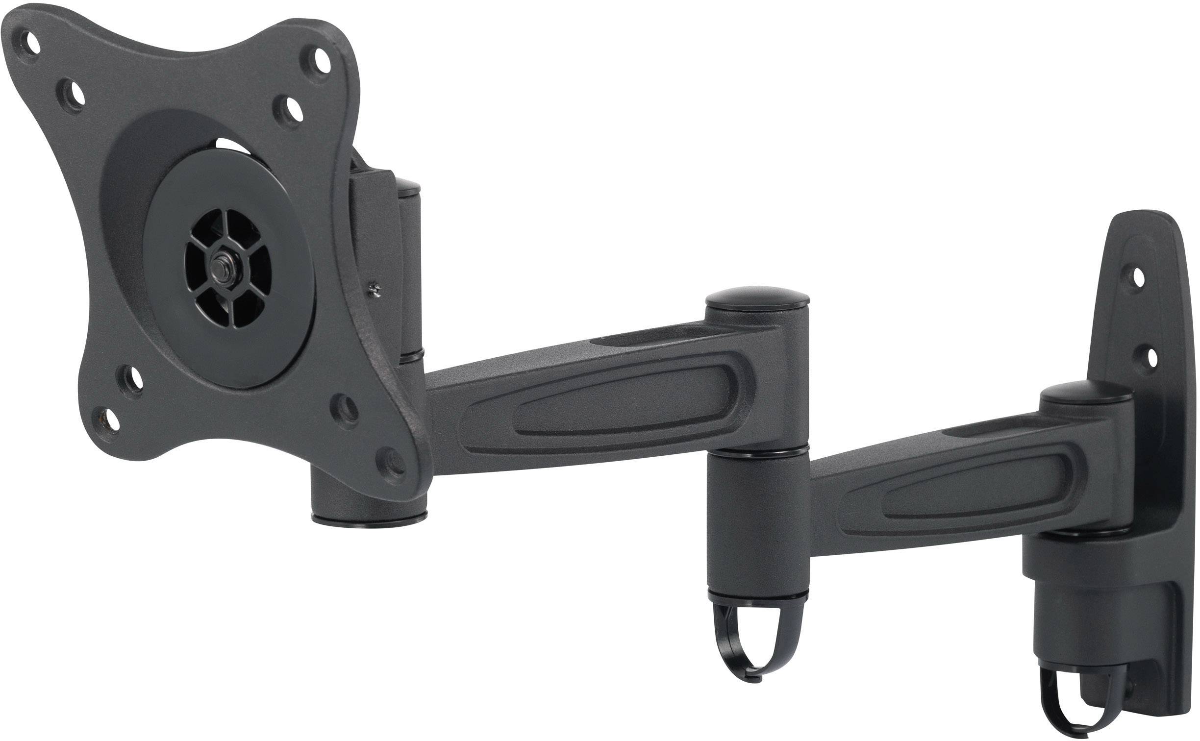 Black, adjustable wall-mounted monitor bracket with swivel arms and mount for attaching a display screen.
