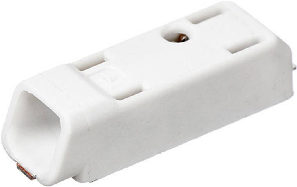A white plastic connector or electrical plug with a rectangular shape and openings at both ends, shown lying down.