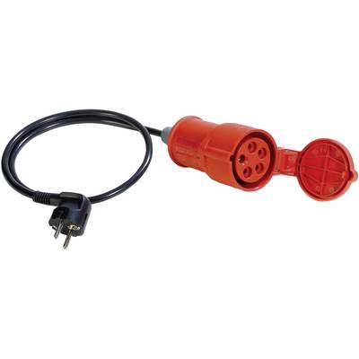 Red CEE extension cable with three-pole plug and socket.