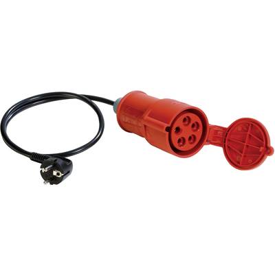 Red CEE plug with four sockets and black cable with Schuko plug, used for industrial electrical connections.