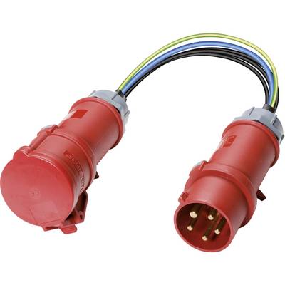 Red CEE power plug with socket and five coloured cables, used for industrial electrical connections.