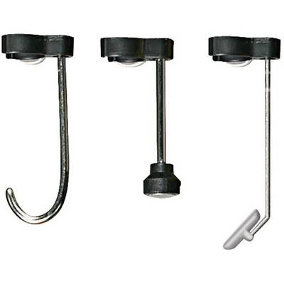 Three different hooks: on the left an S-hook, in the middle a straight hook with a rounded base, on the right a hook with a twisted end.
