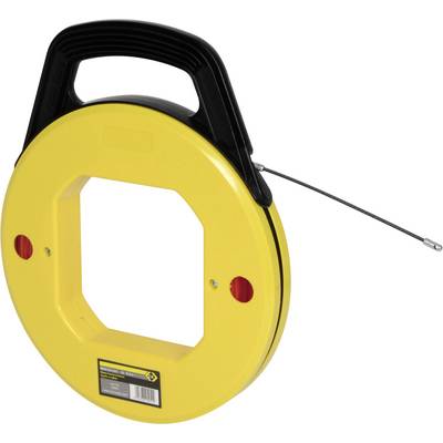 A yellow cable pulling tape with a black handle. It is used to guide cables through tight spaces or conduits.