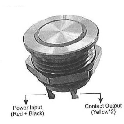 A metal push button with two connections: 'Power Input' in red and black, 'Contact Output' in yellow.