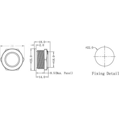 Technical drawing of a cylindrical component with dimensions: Diameter 28mm, thread 18mm. Fixing detail shows 22mm hole size.