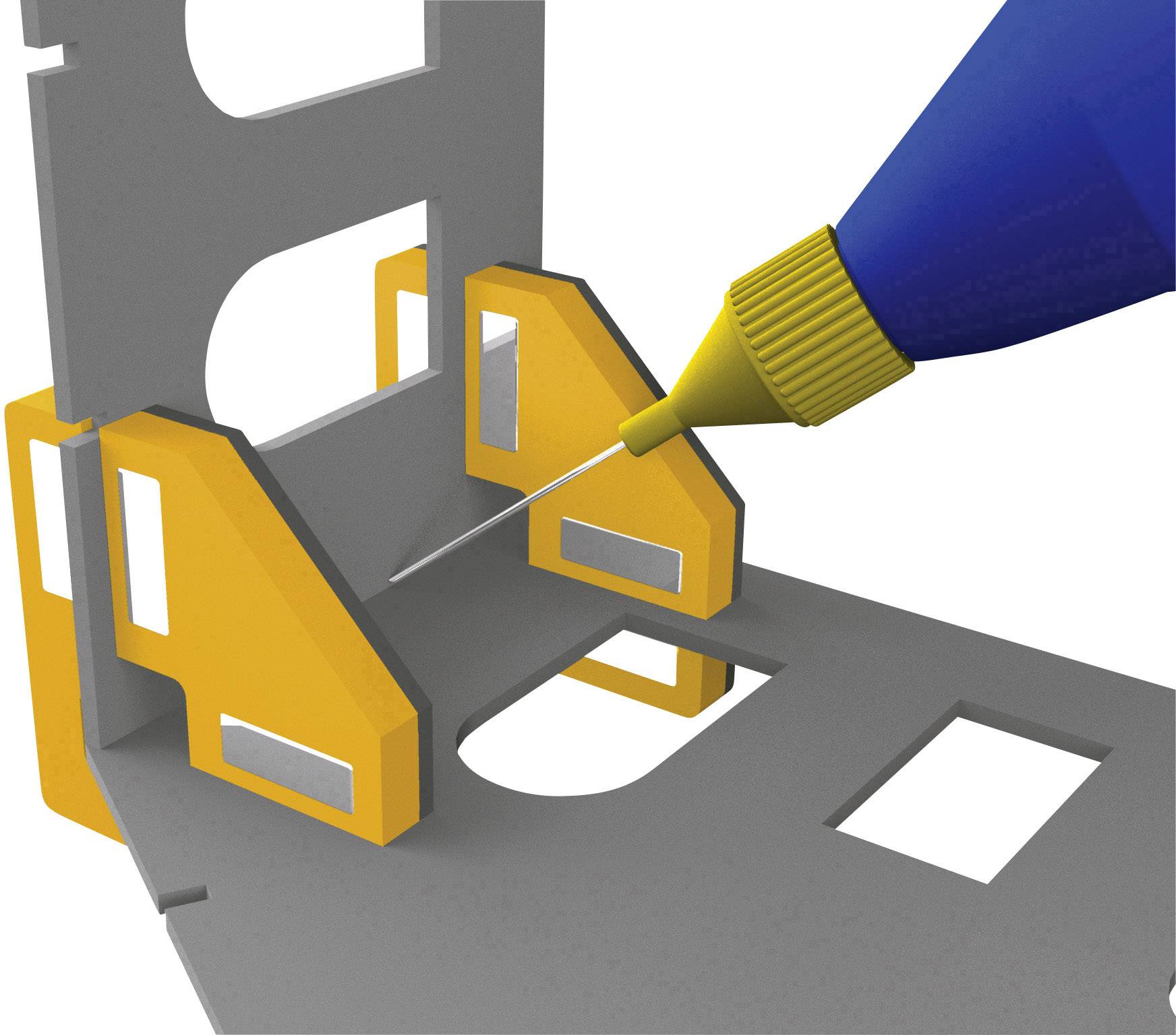 Blue adhesive is applied to grey and orange components that are being joined together. The assembly appears technical or mechanical.