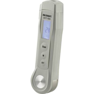 Thermometer in grey with LCD display, buttons for scanning and settings; brand name 'Voltcraft UKT-100'.