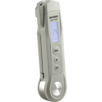 Grey digital thermometer with LCD display showing 24 degrees. Buttons labelled 'Scan', light symbol, and 'Set'. Brand name 'Voltcraft UKT-100'.