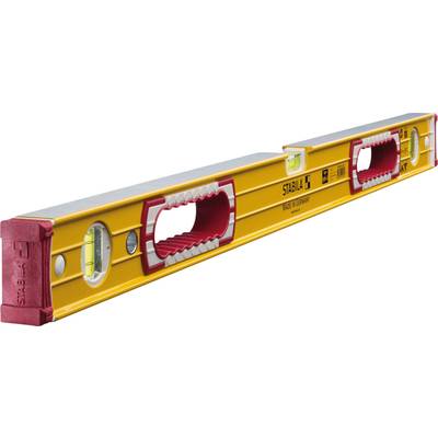 A yellow spirit level with red details and three vials for horizontal and vertical alignment of objects.