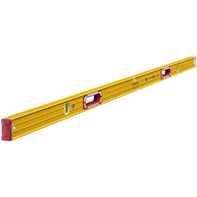 Spirit level in yellow with red end caps and two built-in bubble vials for measuring horizontal and vertical alignment.