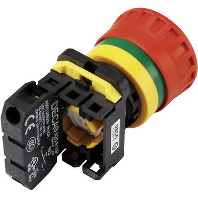 Emergency stop button in red with a yellow base and green ring marking, indicating an electrical component for safety shutdown.