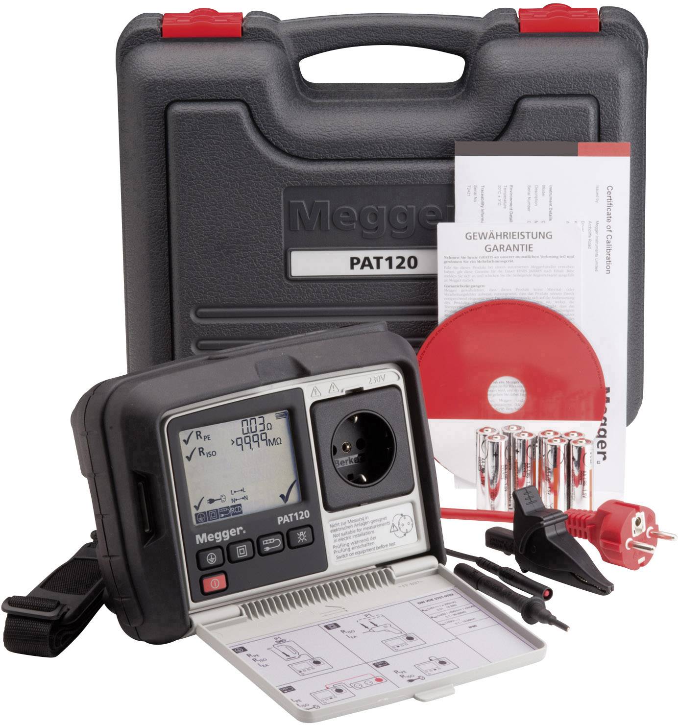 Portable testing device for electrical safety checks, with accessories including test leads, batteries, instructions, and red carrying case.