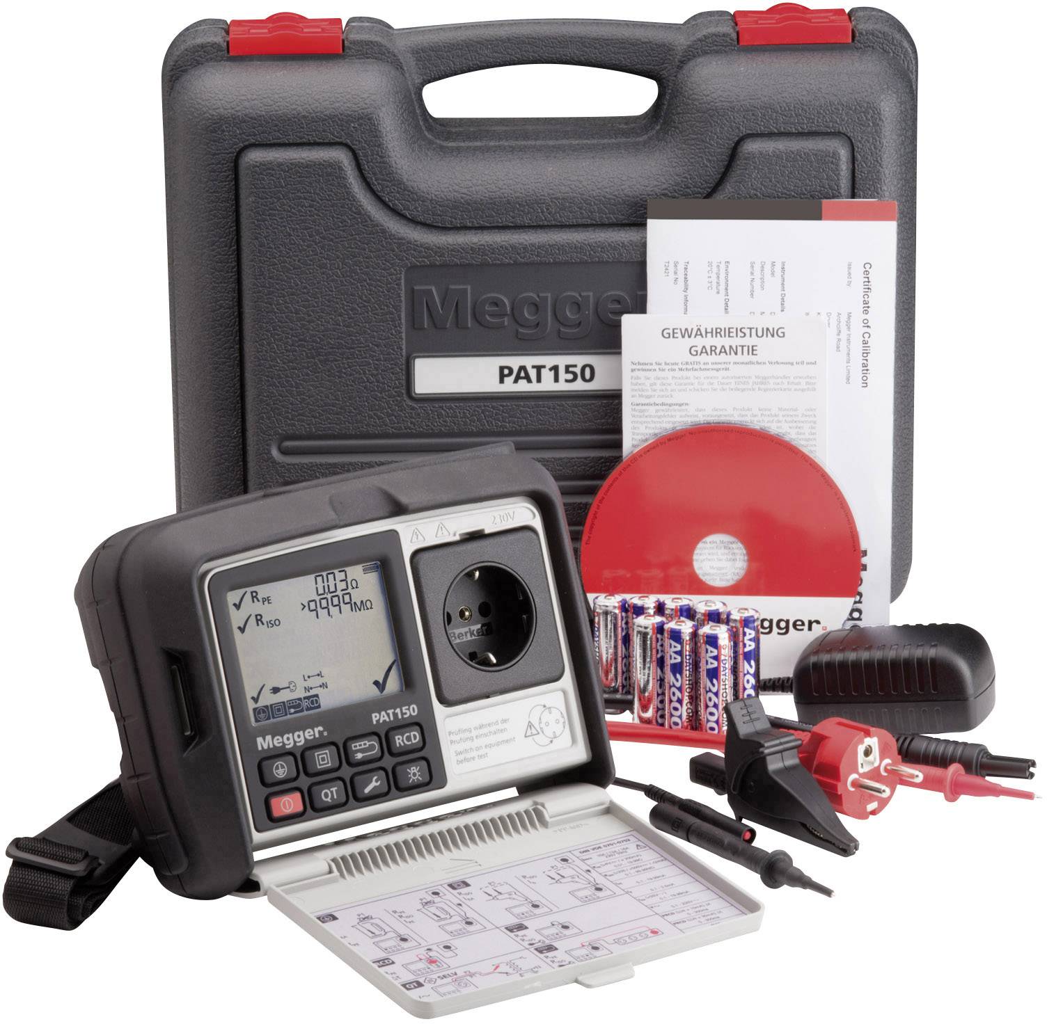 Portable testing device with accessories for measuring electrical safety, in a black carry case with operating manual and batteries.