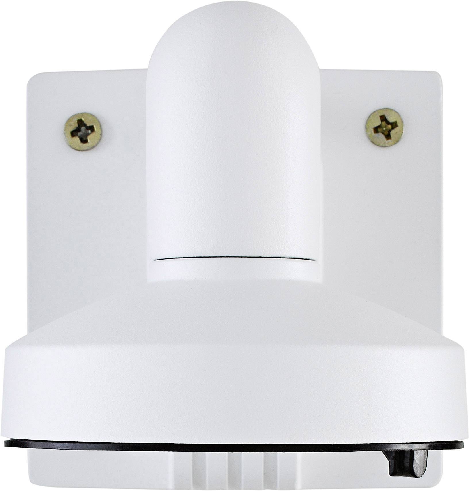 White wall mount for a camera, attached to a vertical mounting plate with two screws.
