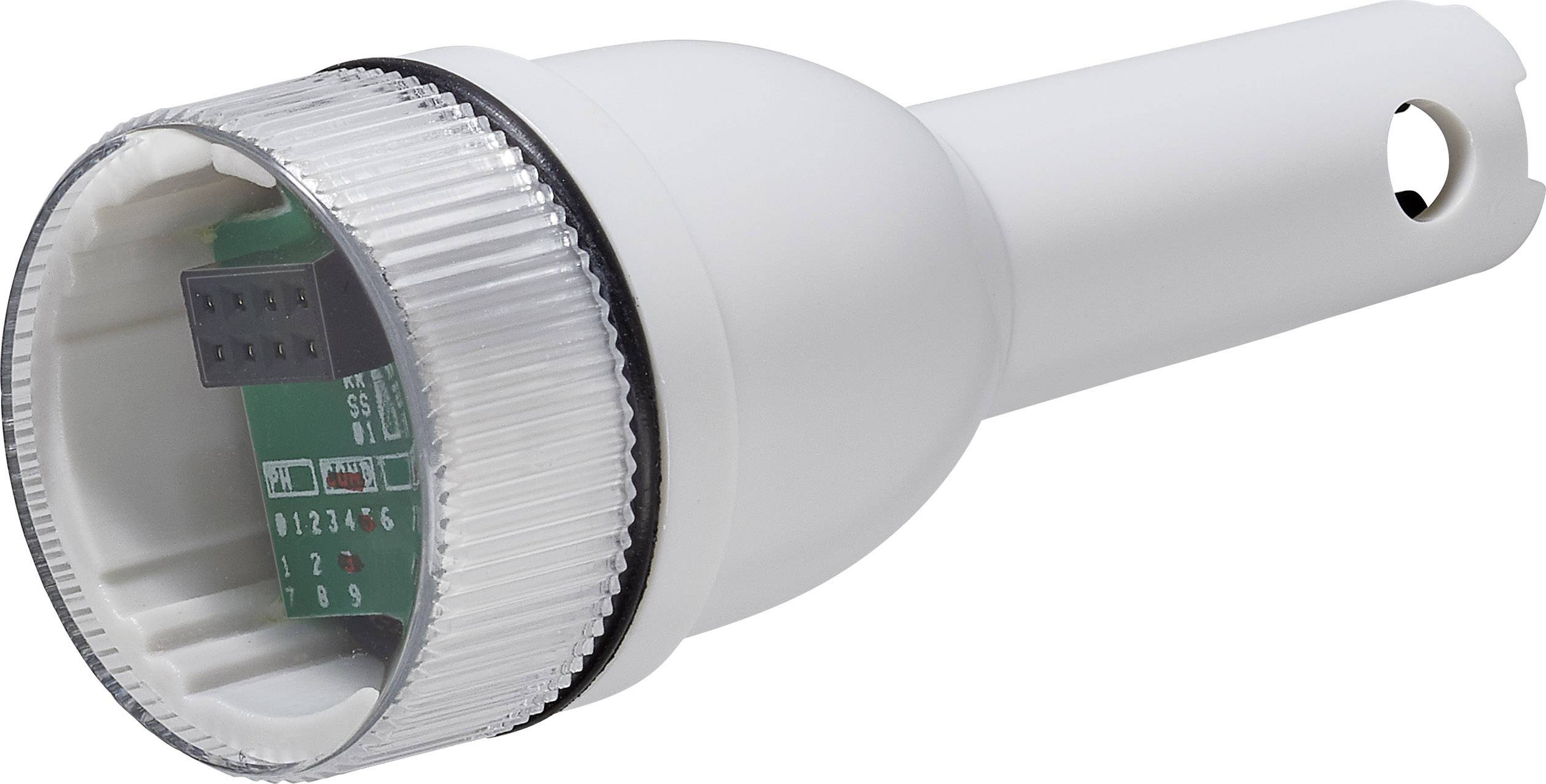 A white, cylindrical sensor with visible circuitry inside, presumably for measuring environmental data, on a white background.