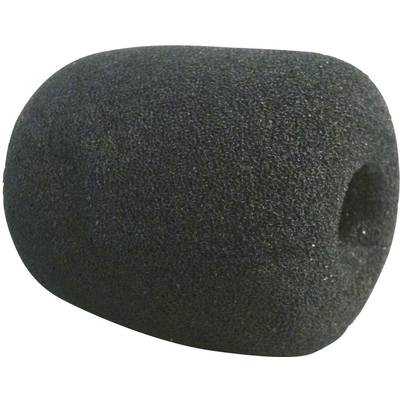 Black foam microphone windscreen, tapered in shape, designed to reduce wind noise.