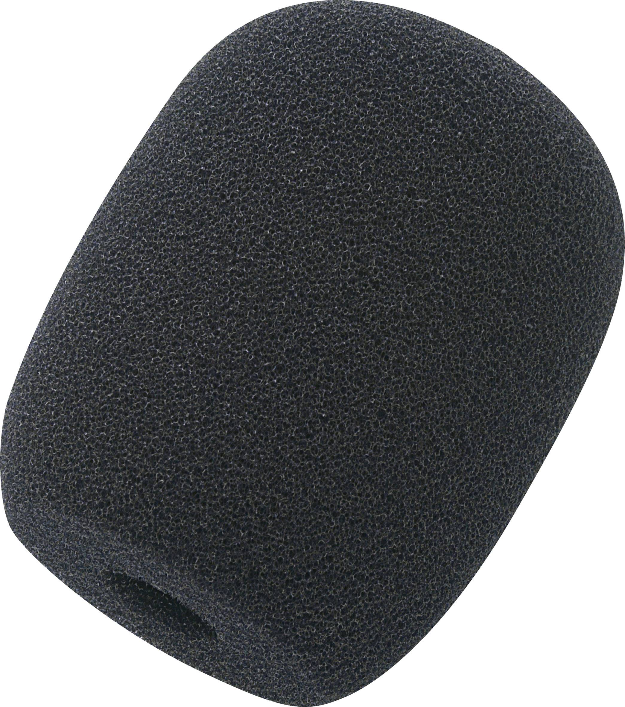 A black foam microphone windscreen in a cylindrical shape with rounded edges. Used for noise reduction.