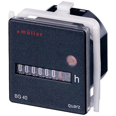 Black operating hours counter with 'Müller' logo, showing 4 operating hours. Model specification: BG 40, Quartz.