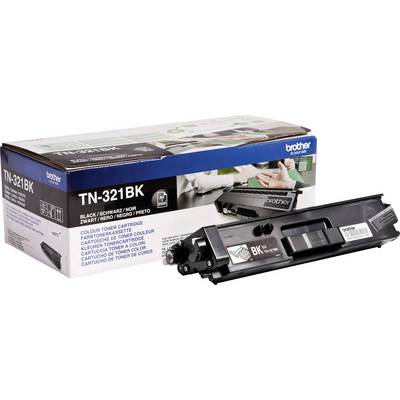 A black toner cartridge by Brother, model TN-321BK, positioned in front of its packaging, designed for use in printers.