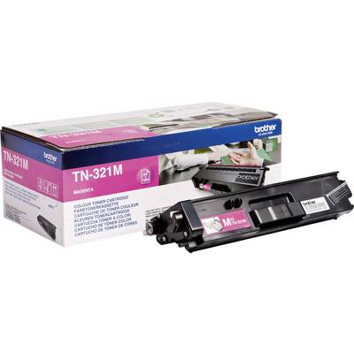 'Brother TN-321M Printer Toner Cartridge, magenta. Packaging displays product image and compatible printer models. Suitable for colour printers.'