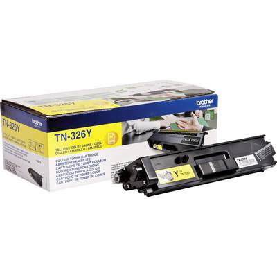 Yellow 'Brother TN-326Y' toner cartridge next to its packaging. Suitable for colour laser printers, with high yield and easy installation.