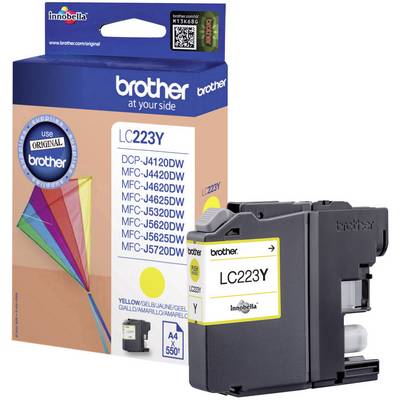Cartridge for Brother printer, Model LC223Y, yellow, suitable for various printer models. Packaging displays vibrant colours.