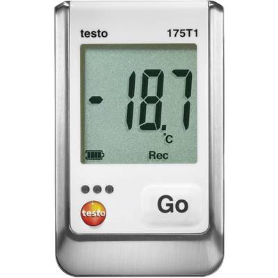 Temperature data logger with display shows '-18.7 °C'. Button labelled 'Go' and low battery symbol.