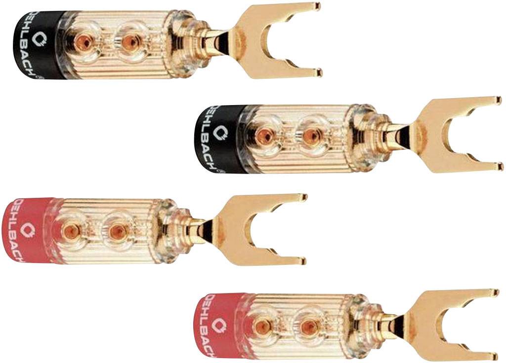 'Four gold-plated banana plugs with transparent housing and coloured rings in black and red, suitable for audio connections.'