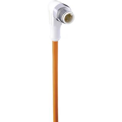 An orange, angled cable with a three-pin metal plug, against a white background.