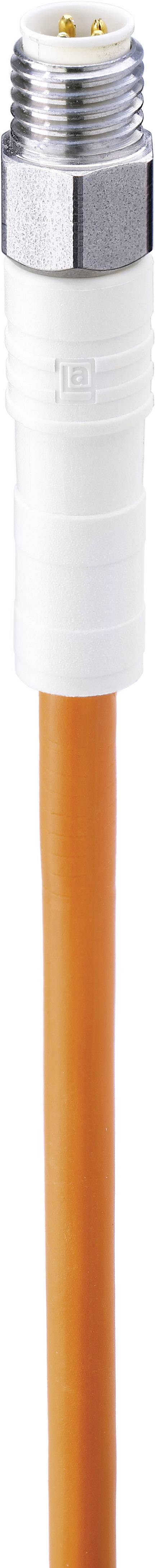 An orange cable with a white and metallic plug. The plug has a round shape and multiple pins.