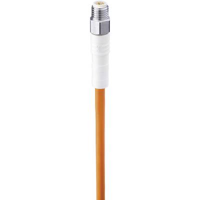 An orange cable with a white and metallic plug. The plug has a round shape and multiple pins.