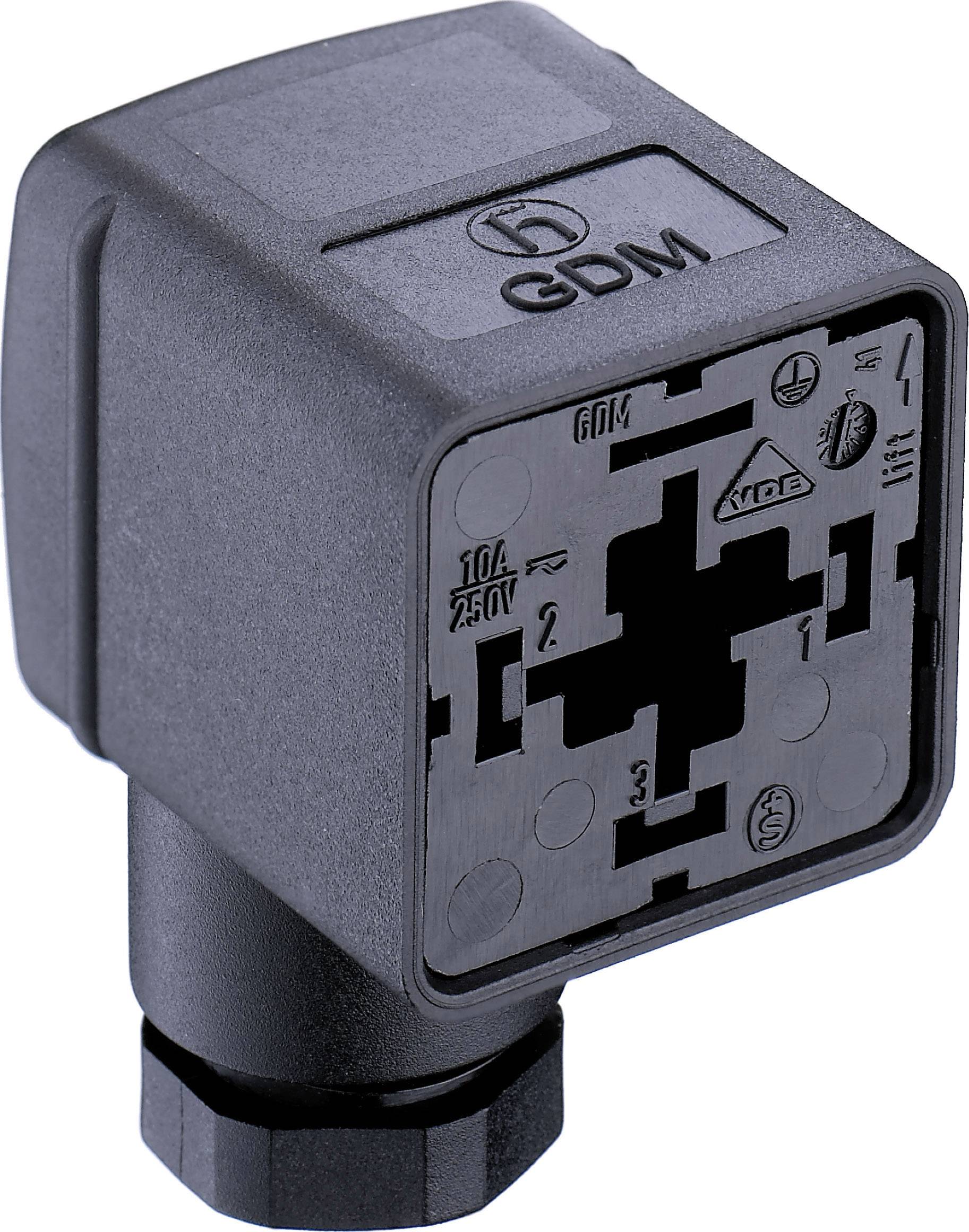 Black electrical connector with a square top surface, displaying symbols and pins for connection configuration.