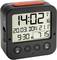 Black digital alarm clock with large display. Shows 14:02, the date 20/03, an indoor temperature of 21.1 degrees and two alarm times.